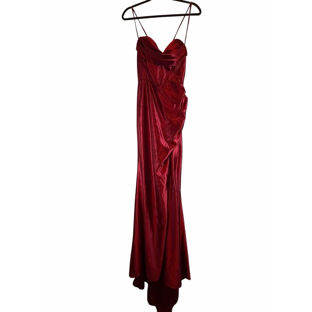 STACEES Red Satin Corset Gown Thigh-High Slit - Size 8 - Picture 5 of 16